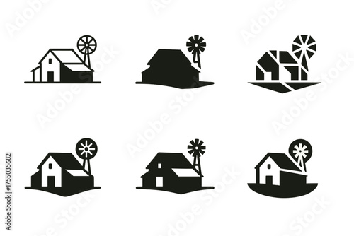 Farmhouse Logo Variations. A rustic farmhouse with a windmill in the distance. Set Logo of A rustic farmhouse with a windmill in the distance: Weathered