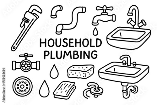 Household Plumbing Doodles. Household Plumbing. Hand-drawn doodle illustration Household Plumbing pipe wrench faucet valve sink plug strainer water drop sponge