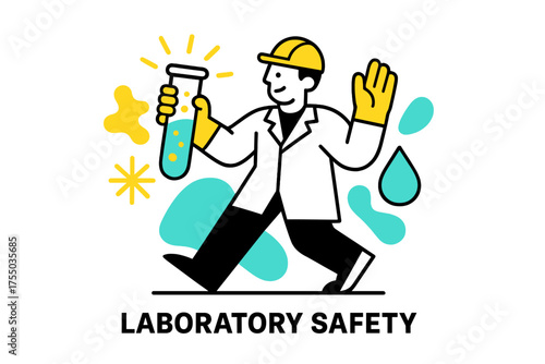 Laboratory Safety Illustration. Laboratory Safety. A glowing test tube with hazardous liquid, abstract floating spark and droplet icons symbolizing careful