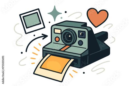 Polaroid Memory Magic. Polaroid magic. Glowing instant camera spitting out fresh photo with warm glow. Floating icons of frame, sparkle, and heart symbolizing