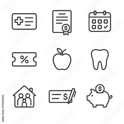 Employee Benefits Icons. Outline icon set of employee benefits and compensation: health insurance card, pension plan document,