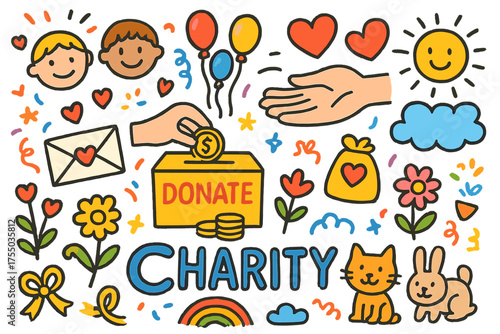 Colorful Donation Doodles. Charity. Colorful Hand-drawn doodle Children illustration donation box, coins, hands giving, heart, smiling faces, gift bag,