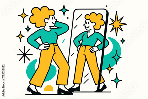 Mirror Self-Expression. Mirror Confidence. A glowing person admiring their outfit in a mirror, abstract spark and star icons symbolizing self-expression.