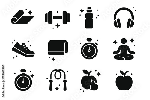 Fitness Icons Collection. Fitness & Self-Care. Solid icons set of Fitness & Self-Care: Yoga Mat, Dumbbell, Water Bottle, Headphones, Running Shoes, Towel,