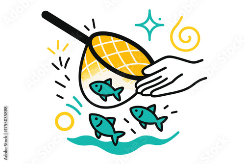 Glowing Fish Release. Selective Nets. A glowing net releasing small fish back into the water, abstract spark and swirl icons symbolizing care for ecosystems.
