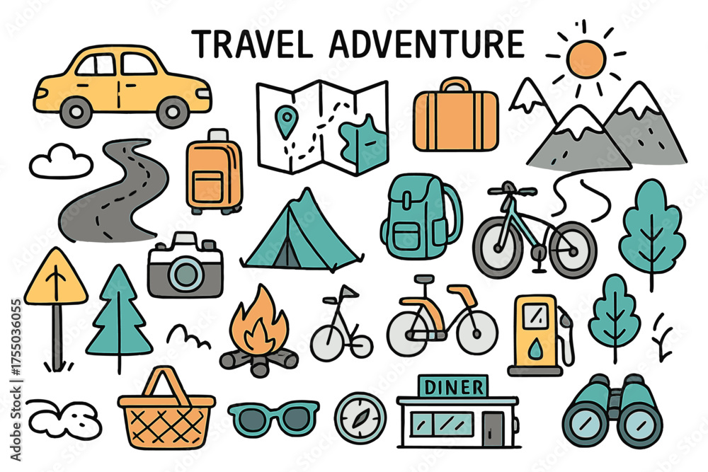 Fototapeta premium Travel Adventure Doodle. Travel Adventure. Hand-drawn doodle illustration Car, map, suitcase, backpack, road, mountains, sun, clouds, camera, tent, campfire,