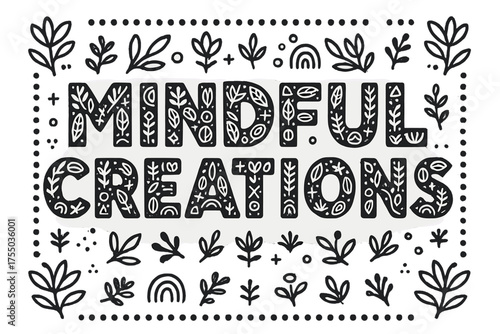 Mindful Creations Lettering. Decorative Display Lettering: "Mindful Creations" ? letters filled with small icons of leaves, geometric shapes, and calming