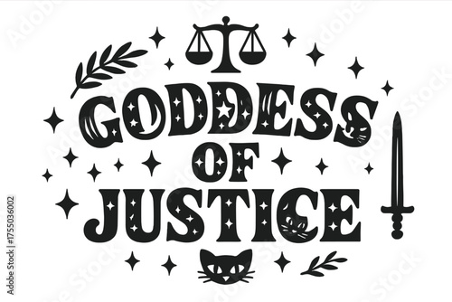 Goddess of Justice. Goddess of Justice ? Decorative Display Lettering, playful fills with stars, claws, and feline motifs inside letters, arched curved