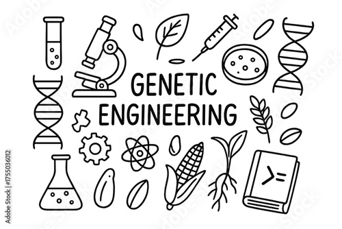 Genetic Engineering Doodles. Genetic engineering. Hand-drawn doodle illustration genetic engineering DNA strand, test tube, flask, plant leaf, syringe,