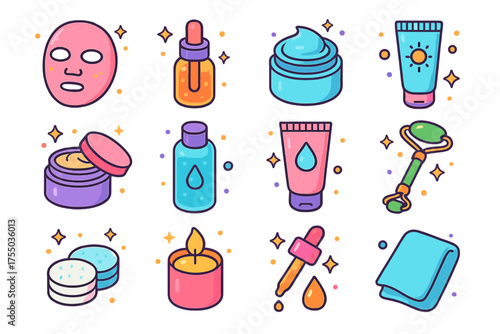 Glowing Skin Essentials. Glowing Skin. Colorful isometric vector icons set of glowing skin: facial mask, serum bottle, moisturizer, sunscreen, face cream jar,