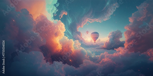 Majestic hot air balloons ascend through an ethereal, dreamlike sky filled with dramatic, swirling clouds illuminated by vibrant sunrise colors.