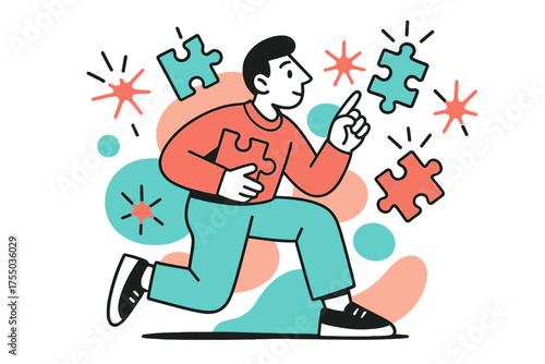 Creative Problem Solving. Innovative Thinking. A character studying glowing puzzle pieces floating around, abstract spark icons symbolizing solving business