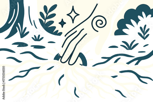 Glowing Hand Connection. Nature?s foundation. Glowing hand touching exposed roots winding across forest floor. Floating icons of sparkle, star, and swirl