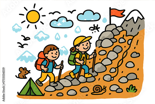 Colorful Hiking Adventure. Rocky Trail. Colorful Hand-drawn doodle Children illustration hikers, steep path, rocks, backpack, walking sticks, cliff, snow, sun,