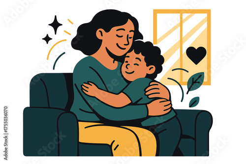Mother's Warm Embrace. Home warmth. Glowing mother sitting on couch hugging child closely with sunlight streaming in. Floating icons of sparkle, heart, and