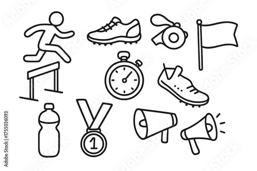 Athletics Icons Doodle. Athletics. Hand-drawn doodle illustration Athletics track hurdles sprint shoes whistle stopwatch flag water bottle medal megaphone.