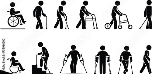 Collection of elderly and disabled people icons showing mobility aids and assistance