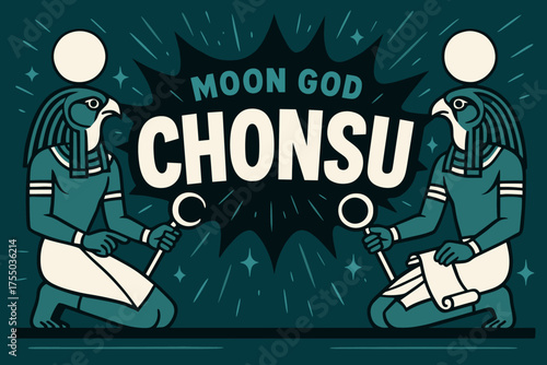 Moon God Chonsu Banner. Moon God Chonsu banner, flat vector illustration, bold oversized text inside comic burst, cartoon characters sitting and pointing,