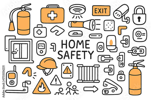 Home Safety Essentials. Home Safety. Hand-drawn doodle illustration Fire extinguisher, first aid kit, smoke detector, carbon monoxide detector, emergency exit,
