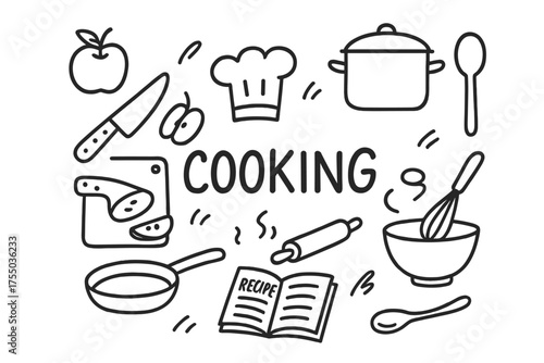 Cooking Utensil Doodles. Cooking. Hand-drawn doodle illustration Cooking apple knife cutting board pan pot spoon rolling pin recipe bowl whisk.