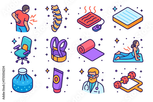 Chronic Back Pain Icons. Chronic Back Pain. Colorful isometric vector icons set of chronic back pain: person holding lower back, spine illustration, heating