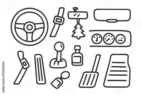Car Interior Doodle. Car Interior. Hand-drawn doodle illustration Car Interior steering wheel seatbelt dashboard mirror gear stick pedal air freshener bottle