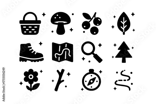 Foraging Icons Set. Foraging & Nature Walks. Solid icons set of Foraging & Nature Walks: basket, mushroom, berries, leaf, walking shoes, map, magnifying glass,