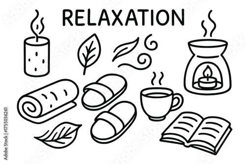 Relaxation Essentials Illustration. Relaxation. Hand-drawn doodle illustration Relaxation candle essential oil diffuser smoke leaf aroma swirl bath towel
