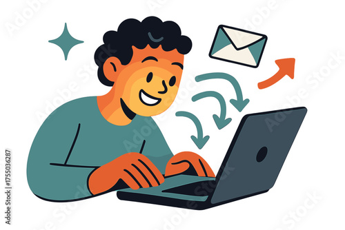 Joyful Inbox Discovery. Inbox moments. Glowing character smiling while opening laptop to see delayed replies appear. Floating icons of sparkle, mail, and arrow