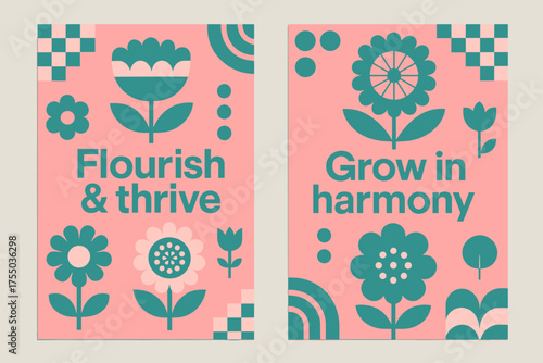 Flourish & Thrive Banners. Flourish & thrive. Two vertical A6 banners with safe margins, centered composition, no elements touching edges, bauhaus, pink and