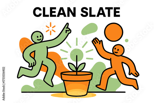 Glowing Plant Pot. Clean Slate. A glowing plant pot with nothing inside, abstract spark and circle icons symbolizing fresh starts. Modern flat-line