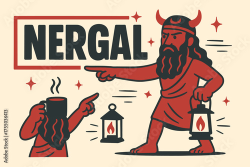 Nergal Banner Illustration. Nergal God banner, flat vector illustration, bold oversized text inside rectangular frame, cartoon characters standing