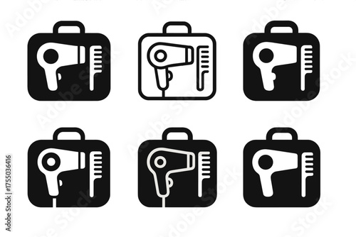 Styling Tools Logos. Blow dryer and styling tools. Set Logo of Blow dryer and styling tools: Portable dryer case / kit. harmonious logo variations of the same