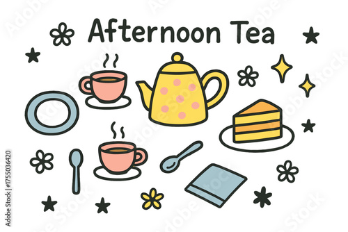 Colorful Afternoon Tea. Afternoon Tea. Hand-drawn doodle illustration table runner (colored), teapot (colored), teacups, plates (colored), cake slice