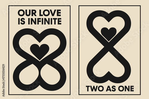 Abstract Love Banners. Soul Connection. Two vertical A6 banners with safe margins, centered composition, no elements touching edges, bauhaus style, black and