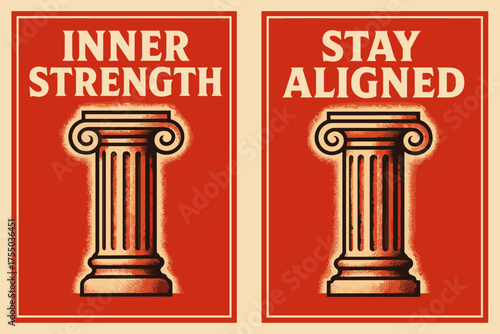 Inner Strength Banners. Strength. Two vertical A6 banners with safe margins, centered composition, no elements touching edges, bold style, red and beige,