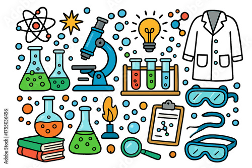 Colorful Science Lab Doodles. Science Lab. Colorful Hand-drawn doodle Children illustration microscope, test tubes, flasks, bubbles, chemicals, books, lab