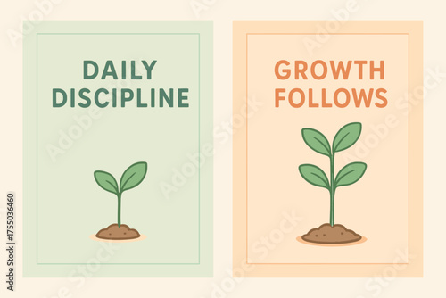 Daily Discipline Growth. Growth. Two vertical A6 banners with safe margins, centered composition, no elements touching edges, pastel style, mint and peach,