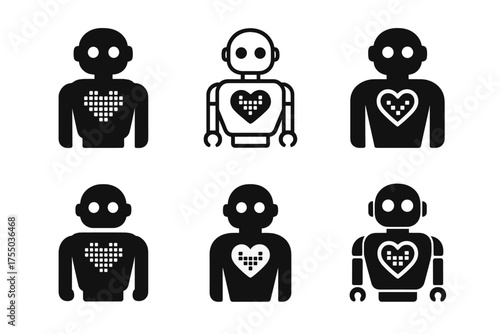 Robotic Heart Logos. Robotic empathy and emotional response. Set Logo of Robotic empathy and emotional response: LED heart core inside a robot chest.