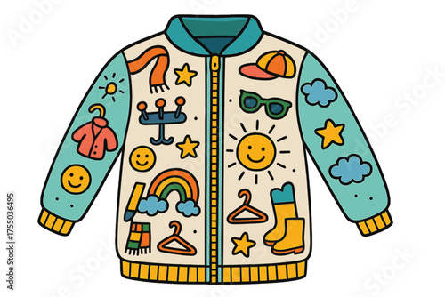 Colorful Children's Fashion. Fashion Jacket. Colorful Hand-drawn doodle Children illustration jacket, buttons, zipper, pockets, scarf, hat, sunglasses, hanger,