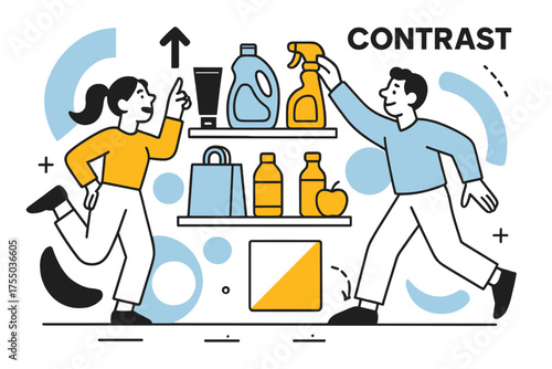Rainbow Product Display. Color Coordination. Products on display arranged in rainbow order, floating arrows and color swatches showing contrast tips, subtle