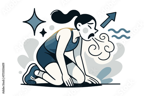 Exhausted Runner's Triumph. Exhausted gasp. Glowing runner collapsed on knees, visible swirls of sharp breathing in air. Floating icons of sparkle, arrow, and