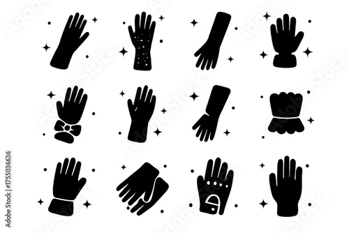 Handwear Icons Collection. Handwear Styles. Solid icons set of Handwear Styles: silk gloves, lace gloves, long gloves, short gloves, ribbon gloves, embroidered