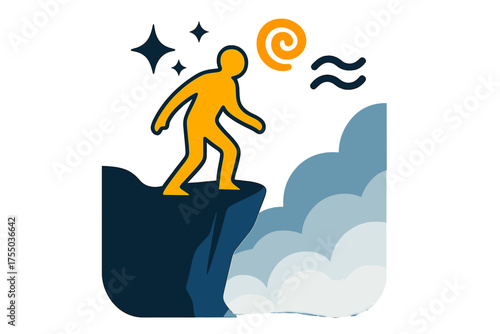 Cliffside Wonder Icons. Edge of the world. Glowing silhouette standing at cliff edge, looking down into glowing mist below. Floating icons of sparkle, swirl,