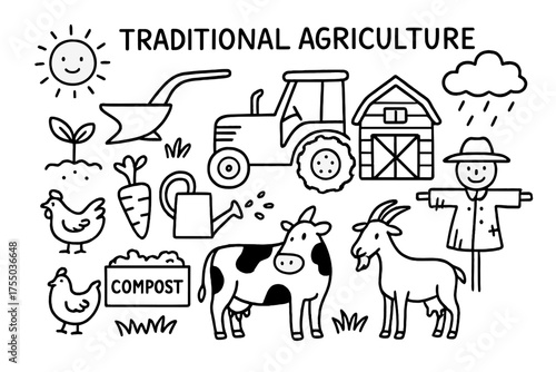 Traditional Farming Doodles. Traditional Agriculture. Hand-drawn doodle illustration Traditional Agriculture plow tractor barn vegetable plant compost watering