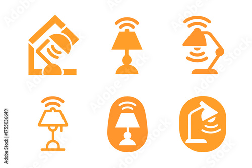 Smart Home Logos. Remote worker setting up a smart home office. Set Logo of Remote worker setting up a smart home office: Smart lamp. harmonious logo