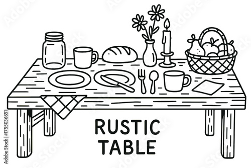 Rustic Table Doodles. Rustic Table. Hand-drawn doodle illustration rustic table wooden table, mason jar, plate, mug, bread loaf, knife, fork, spoon, candle,