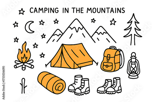 Mountain Camping Doodle. Camping in the Mountains. Hand-drawn doodle illustration tent (colored), campfire, backpack (colored), boots, sleeping bag (colored),