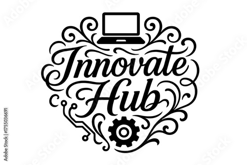 Innovate Hub Emblem. Flourish Lettering: "Innovate Hub" ? elegant swashes and curls around medium-thick letters, circular layout with symmetrical laptop,