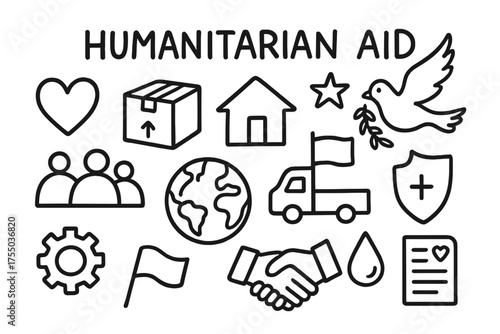Humanitarian Aid Symbols. Humanitarian aid. Hand-drawn doodle illustration humanitarian aid heart, box, house, people group, globe, star, dove, olive branch,